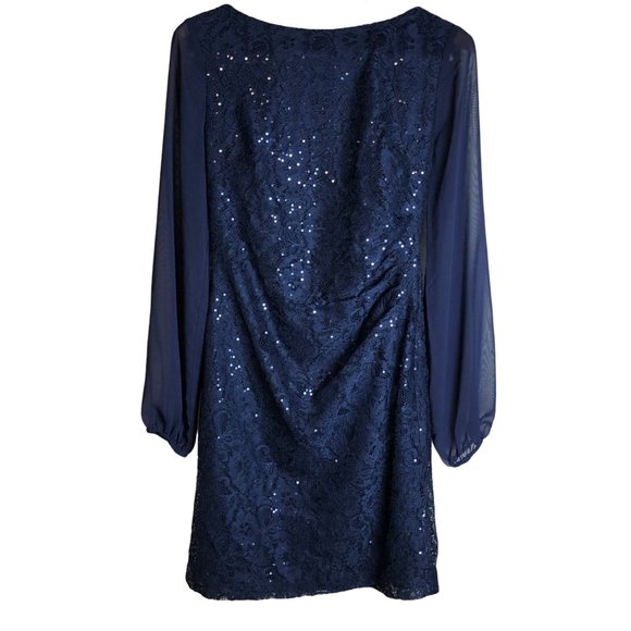 Chaps Dresses & Skirts - Chaps Sequin Lace Overlay Long Sleeve Sheath Dress, Navy - Women's 8